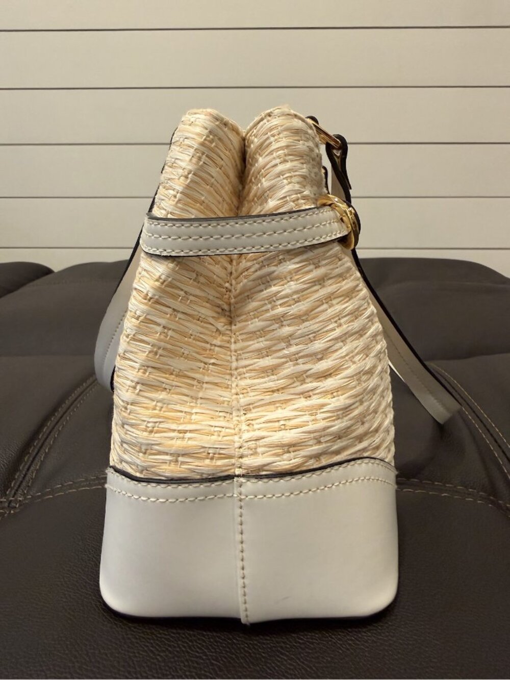 Etienne Aigner Woven Straw Shoulder Bag White Tan Gold Paisley 3690 - Picture 5 of 16